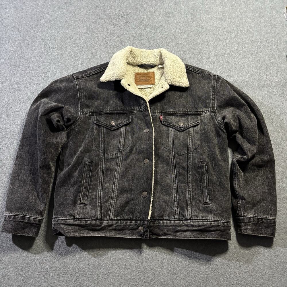 Levi’s Premium Ex-Boyfriend Sherpa Trucker Jacket Black Denim Women’s Large